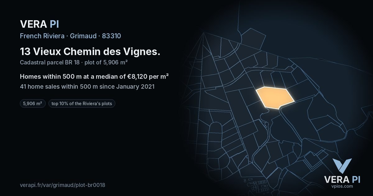 13 Vieux Chemin des Vignes, Grimaud at night – the plot lit, the parcels around coloured by the prices near them