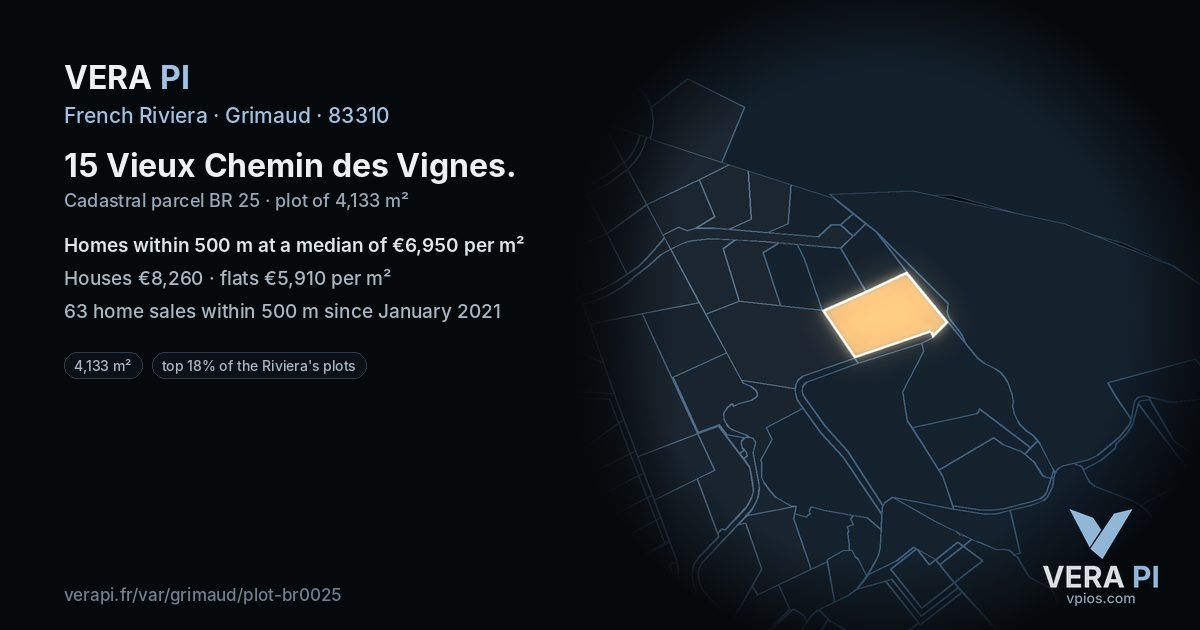 15 Vieux Chemin des Vignes, Grimaud at night – the plot lit, the parcels around coloured by the prices near them