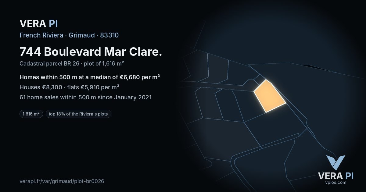 744 Boulevard Mar Clare, Grimaud at night – the plot lit, the parcels around coloured by the prices near them