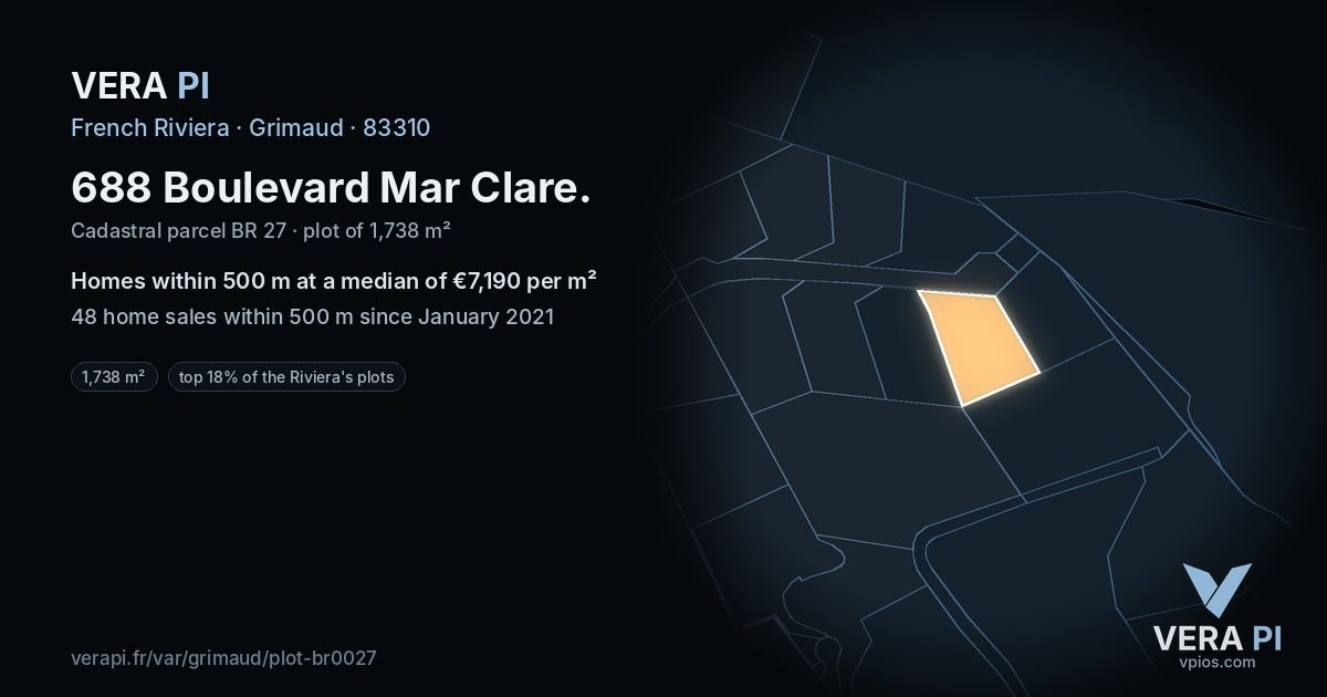 688 Boulevard Mar Clare, Grimaud at night – the plot lit, the parcels around coloured by the prices near them