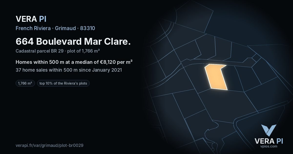 664 Boulevard Mar Clare, Grimaud at night – the plot lit, the parcels around coloured by the prices near them
