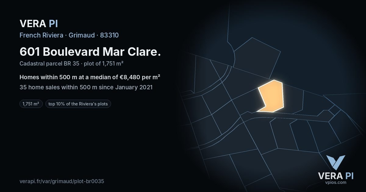 601 Boulevard Mar Clare, Grimaud at night – the plot lit, the parcels around coloured by the prices near them