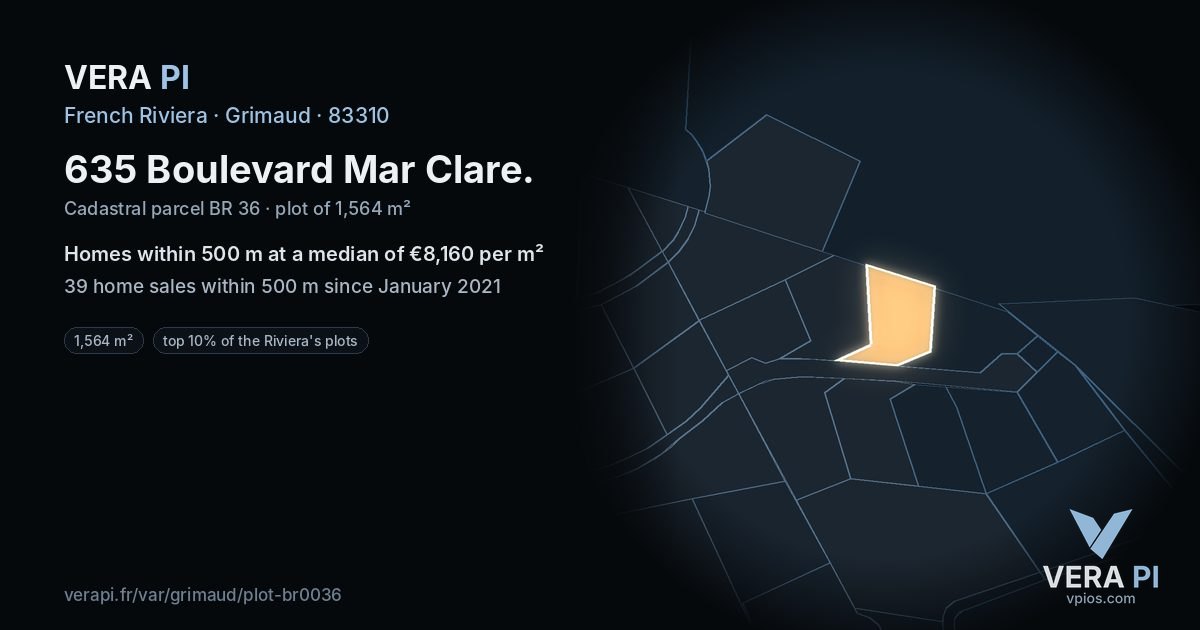 635 Boulevard Mar Clare, Grimaud at night – the plot lit, the parcels around coloured by the prices near them