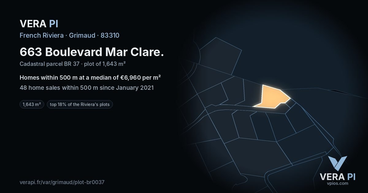663 Boulevard Mar Clare, Grimaud at night – the plot lit, the parcels around coloured by the prices near them