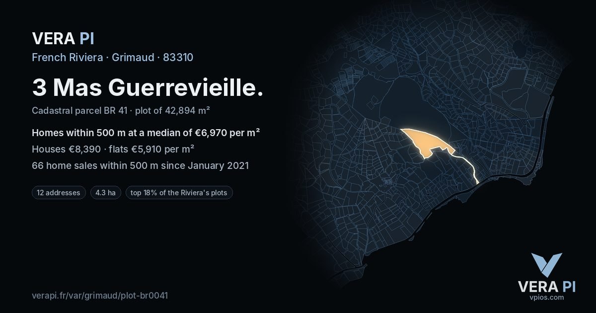 3 Mas Guerrevieille, Grimaud at night – the plot lit, the parcels around coloured by the prices near them