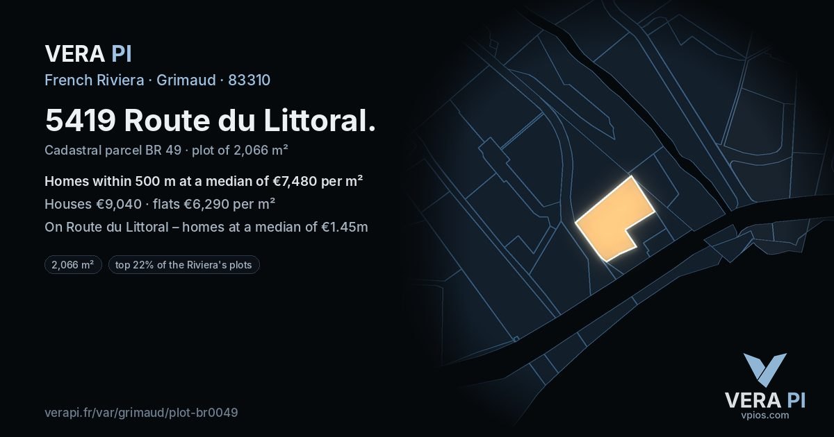 5419 Route du Littoral, Grimaud at night – the plot lit, the parcels around coloured by the prices near them
