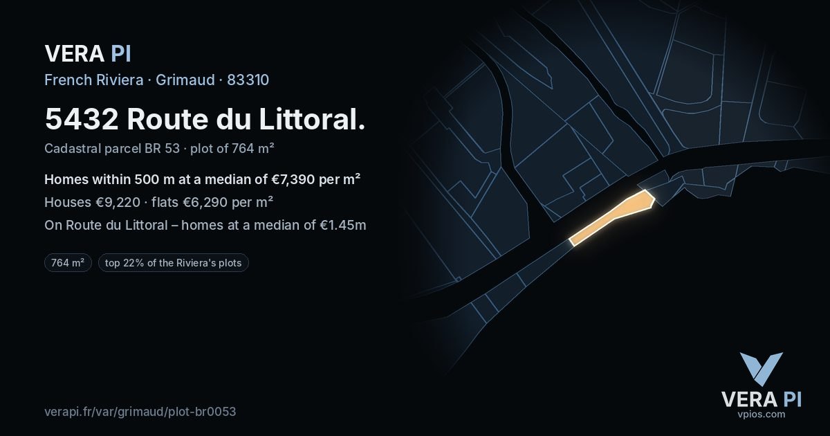 5432 Route du Littoral, Grimaud at night – the plot lit, the parcels around coloured by the prices near them