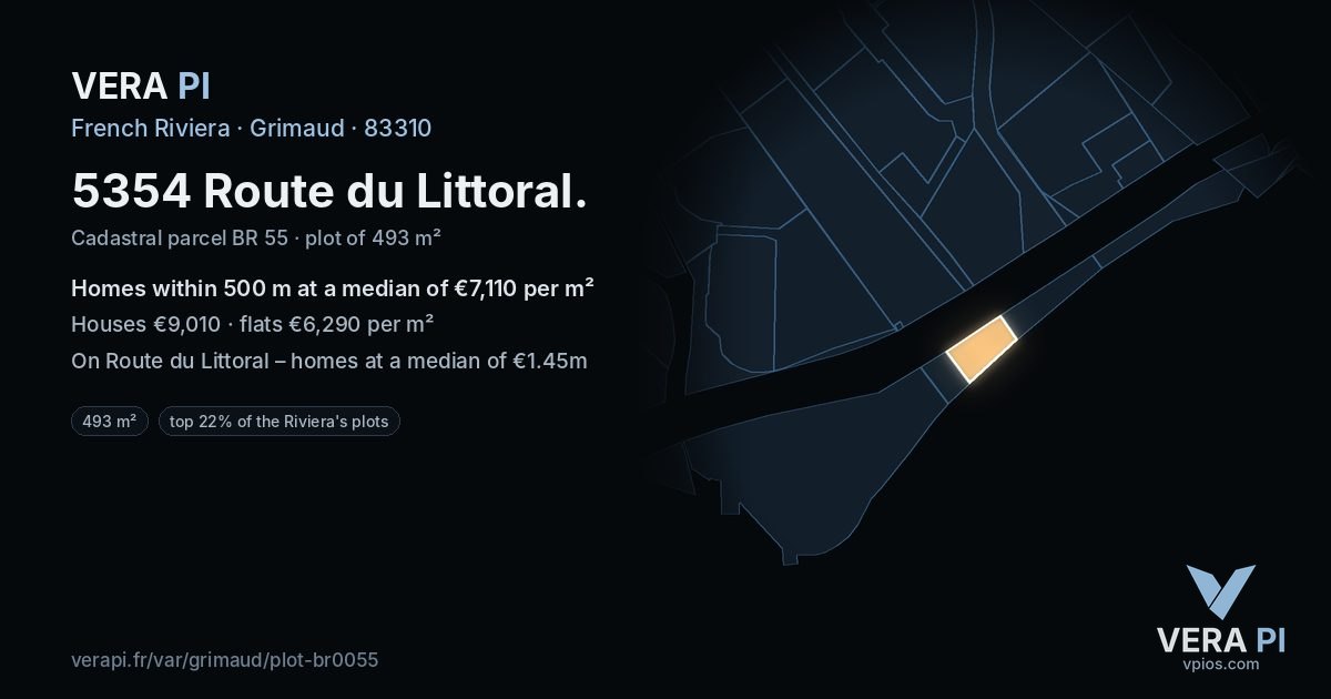 5354 Route du Littoral, Grimaud at night – the plot lit, the parcels around coloured by the prices near them
