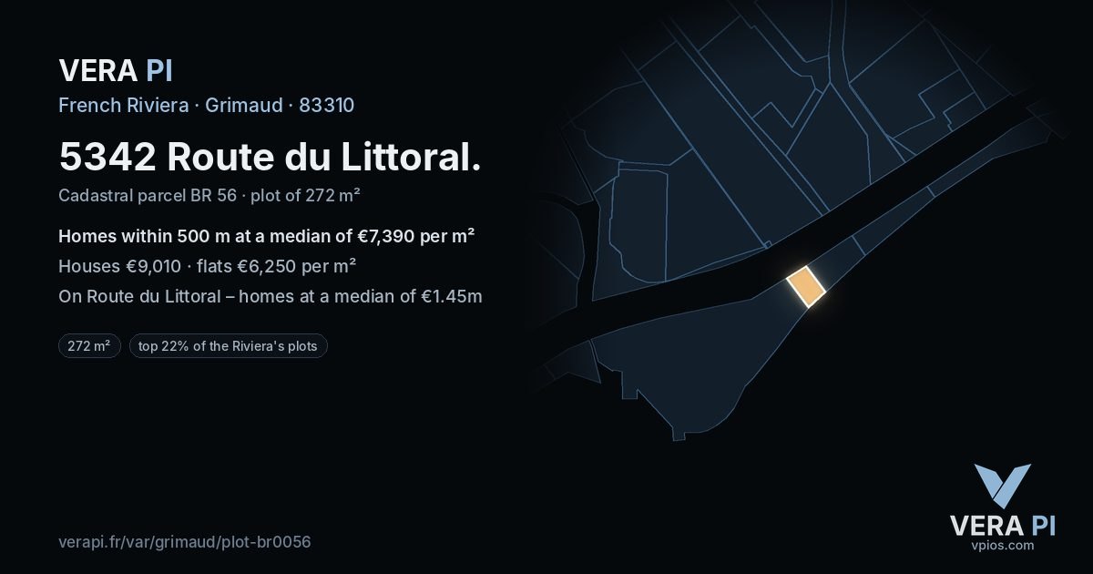 5342 Route du Littoral, Grimaud at night – the plot lit, the parcels around coloured by the prices near them