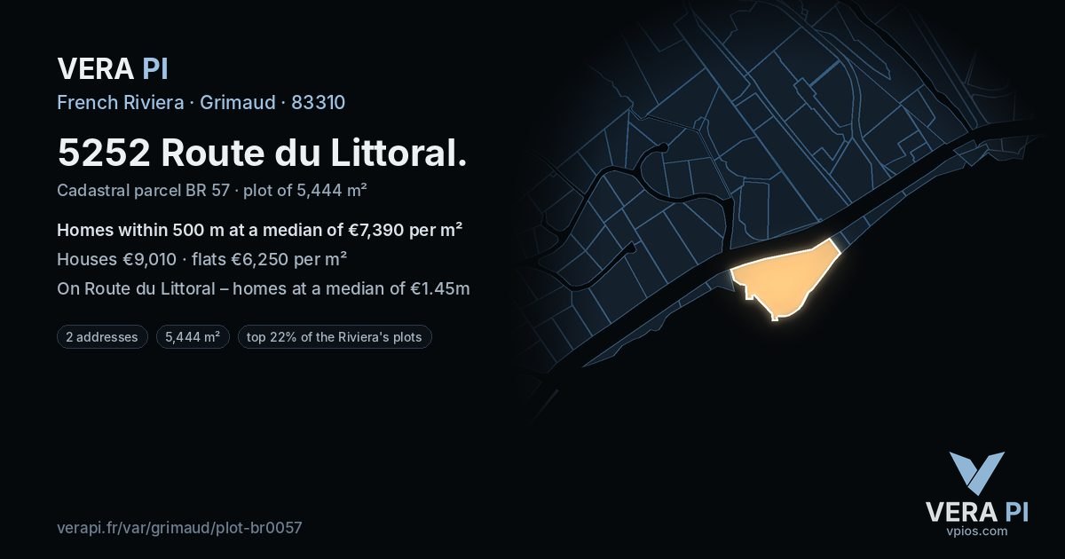 5252 Route du Littoral, Grimaud at night – the plot lit, the parcels around coloured by the prices near them