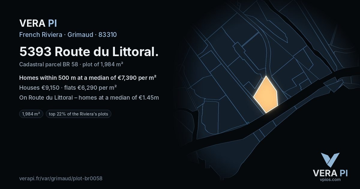 5393 Route du Littoral, Grimaud at night – the plot lit, the parcels around coloured by the prices near them