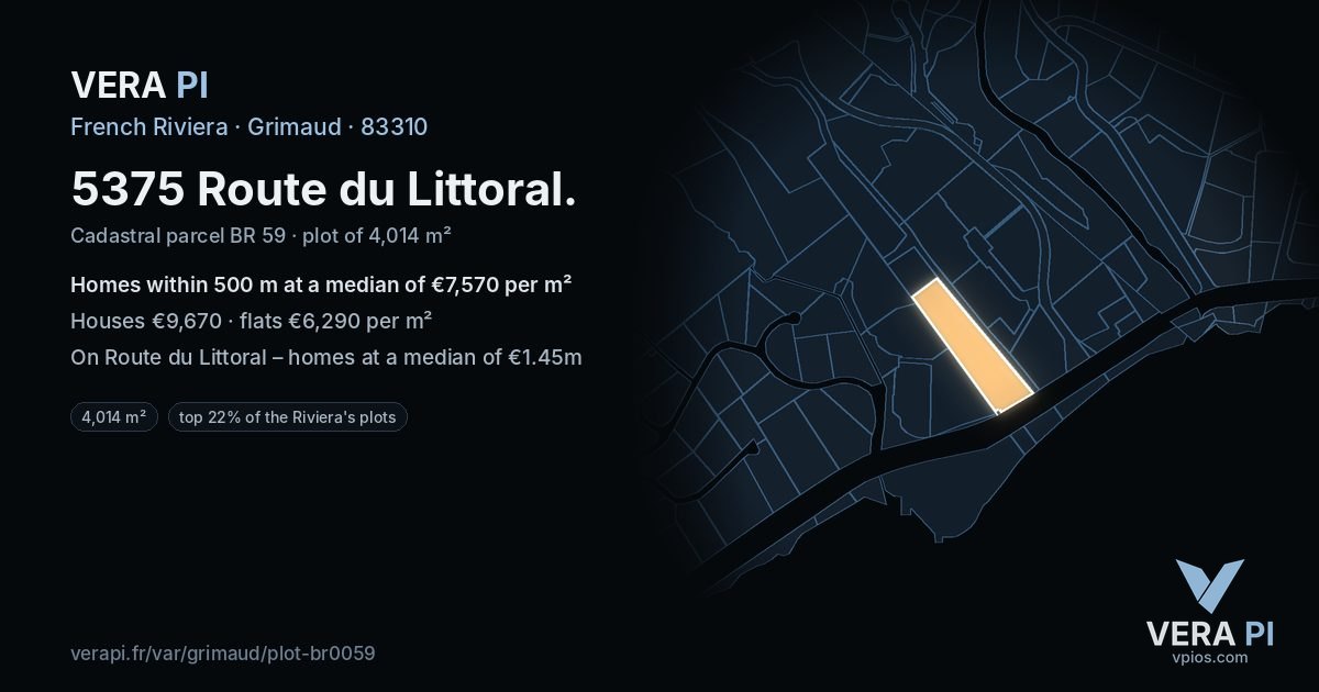 5375 Route du Littoral, Grimaud at night – the plot lit, the parcels around coloured by the prices near them