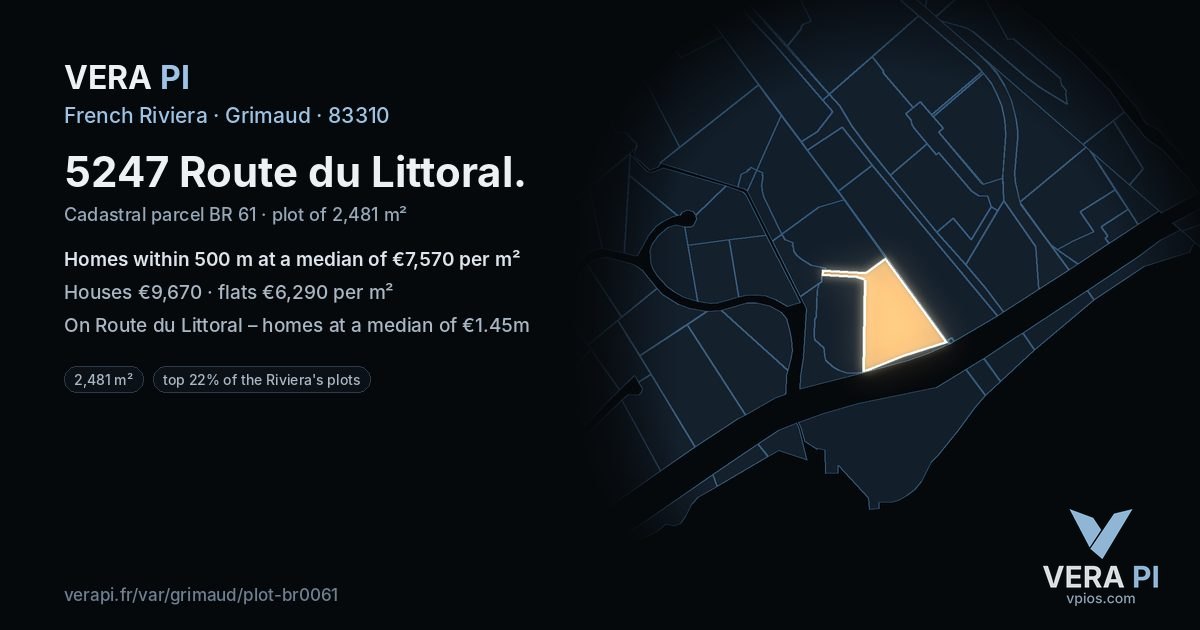 5247 Route du Littoral, Grimaud at night – the plot lit, the parcels around coloured by the prices near them