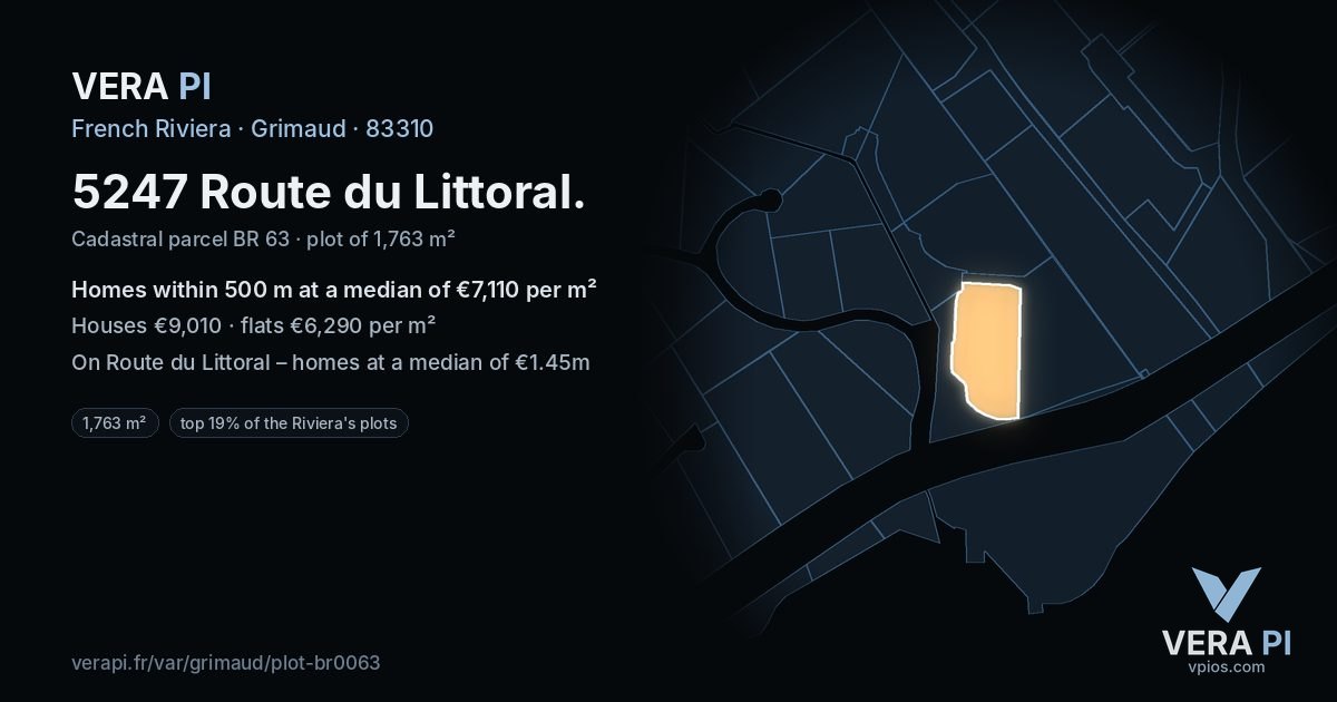 5247 Route du Littoral, Grimaud at night – the plot lit, the parcels around coloured by the prices near them