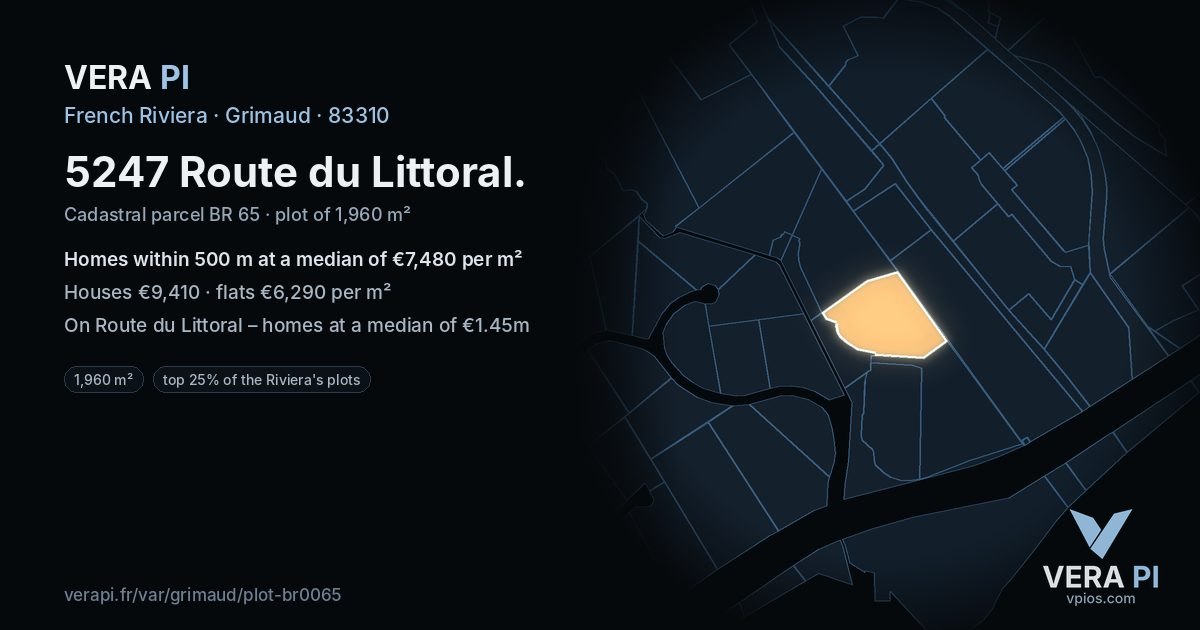 5247 Route du Littoral, Grimaud at night – the plot lit, the parcels around coloured by the prices near them