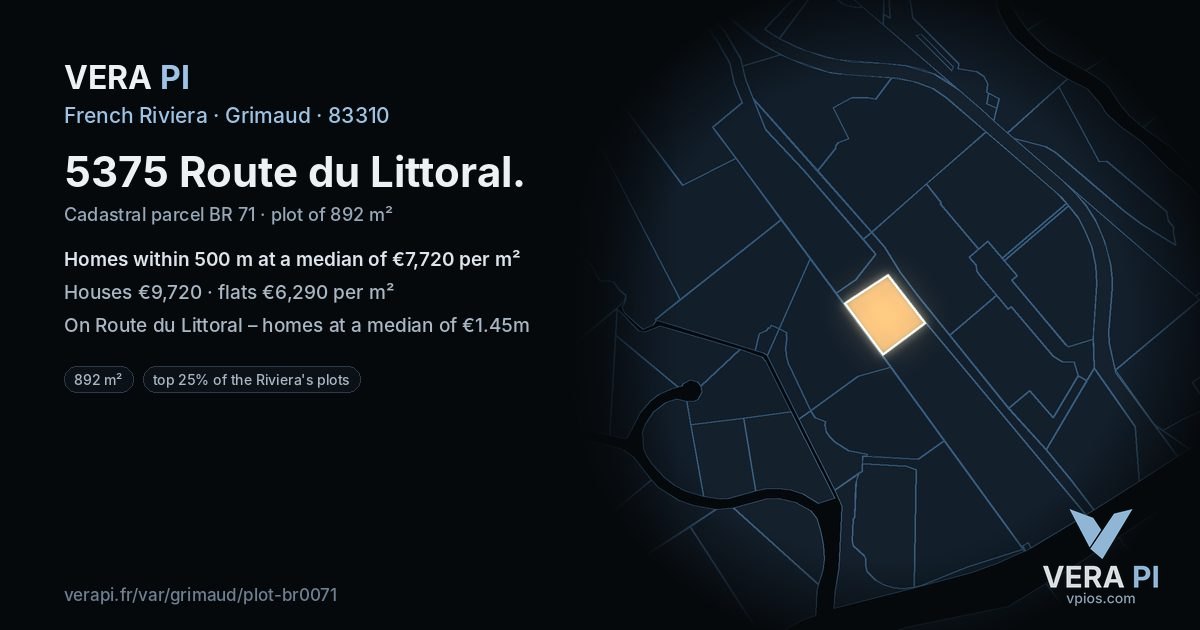 5375 Route du Littoral, Grimaud at night – the plot lit, the parcels around coloured by the prices near them