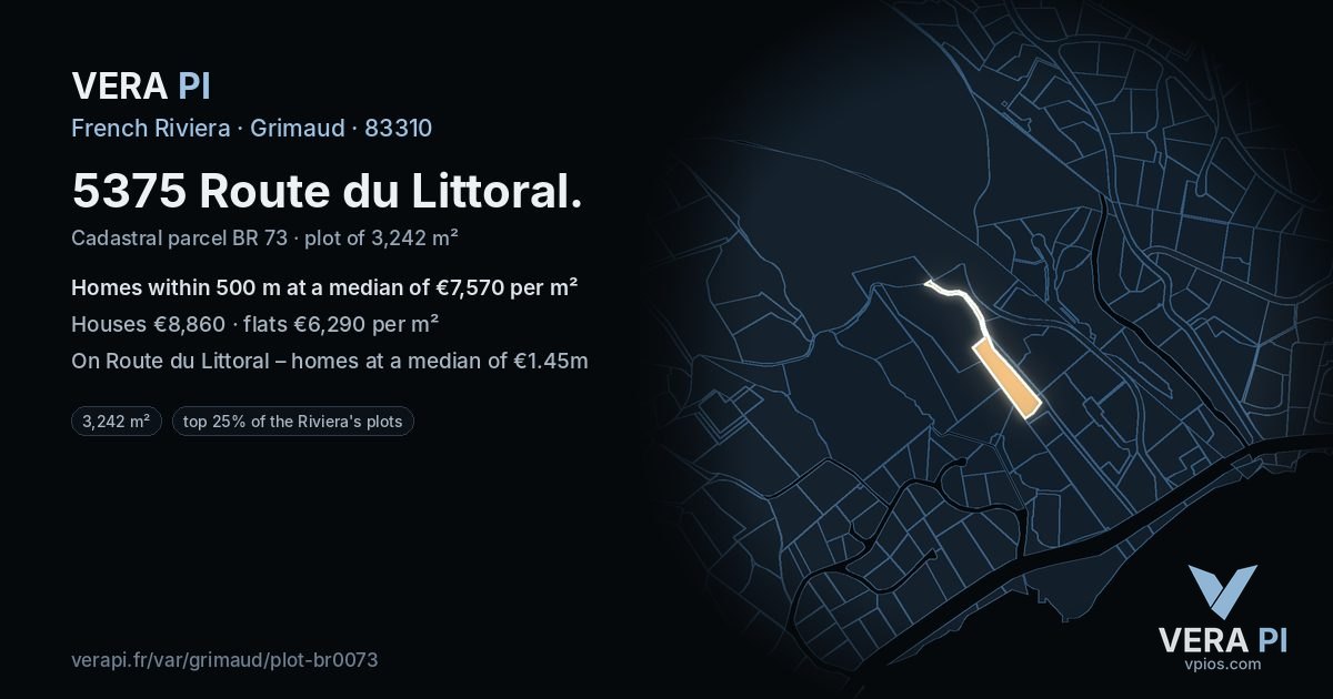 5375 Route du Littoral, Grimaud at night – the plot lit, the parcels around coloured by the prices near them