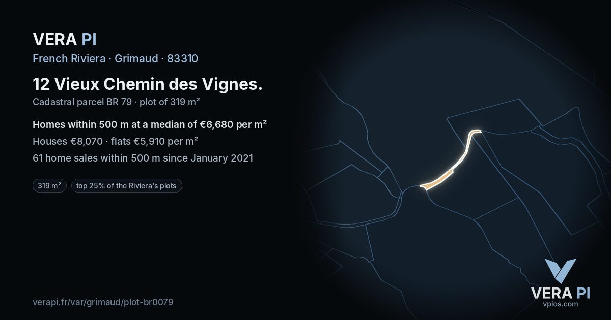12 Vieux Chemin des Vignes, Grimaud at night – the plot lit, the parcels around coloured by the prices near them