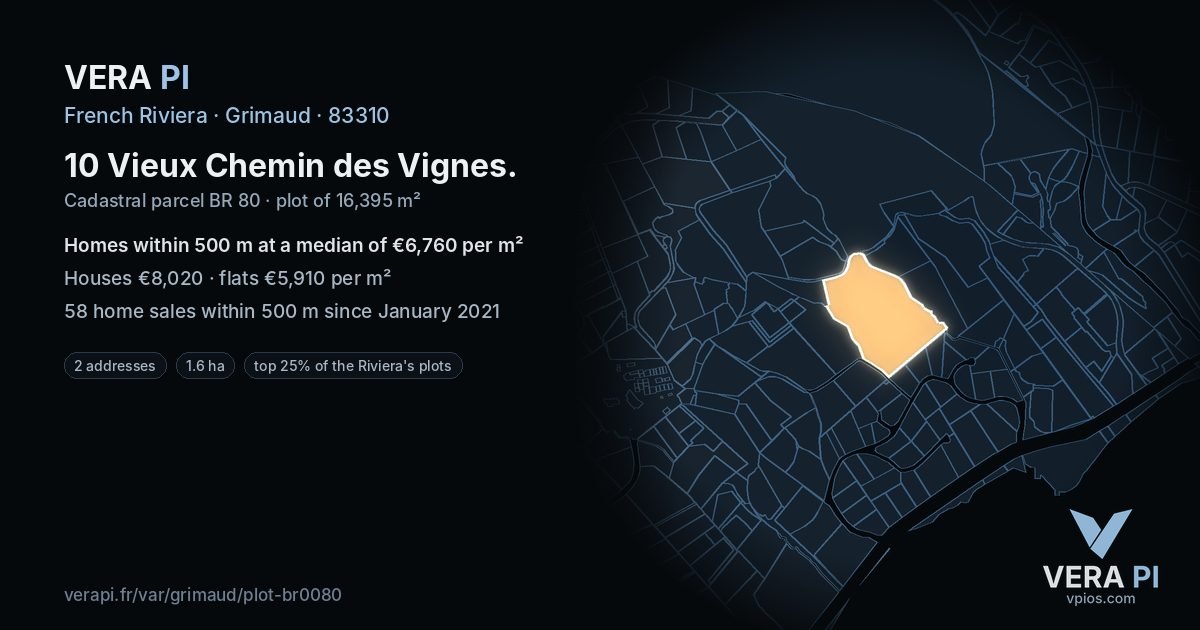 10 Vieux Chemin des Vignes, Grimaud at night – the plot lit, the parcels around coloured by the prices near them