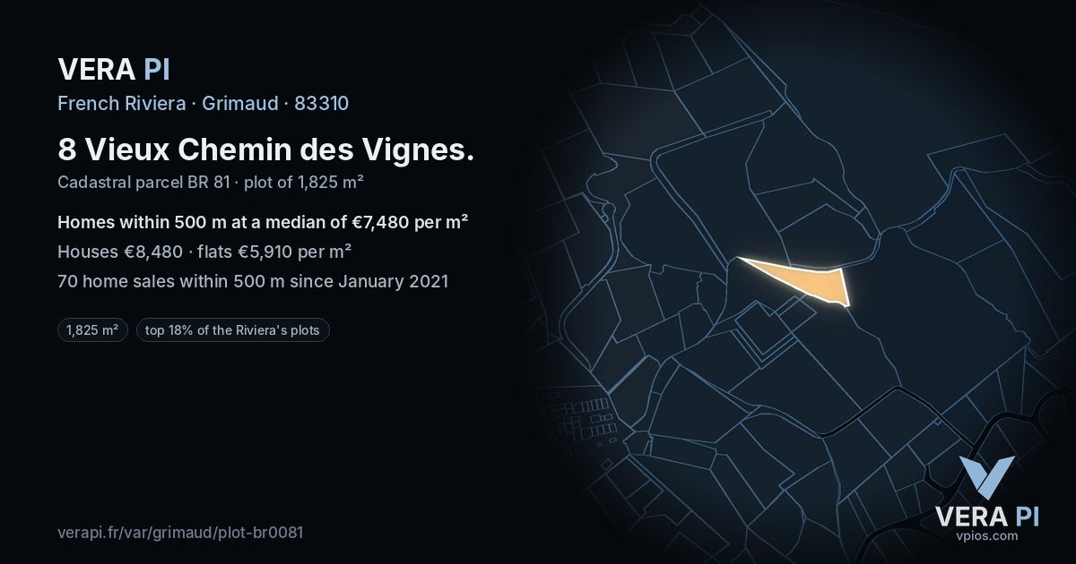 8 Vieux Chemin des Vignes, Grimaud at night – the plot lit, the parcels around coloured by the prices near them