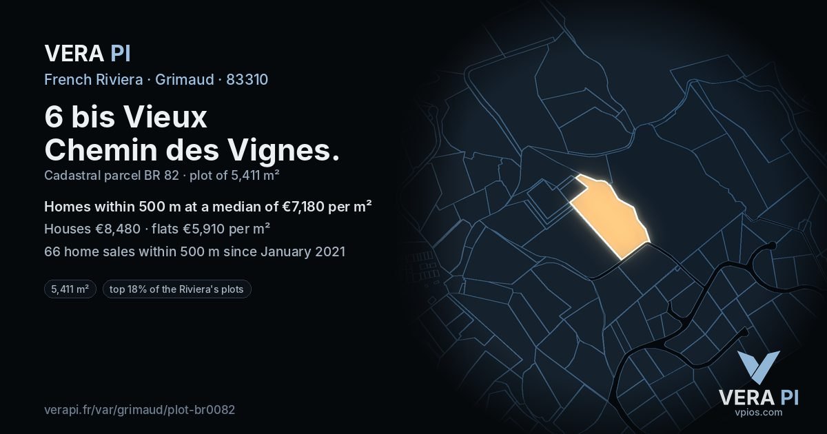 6 bis Vieux Chemin des Vignes, Grimaud at night – the plot lit, the parcels around coloured by the prices near them