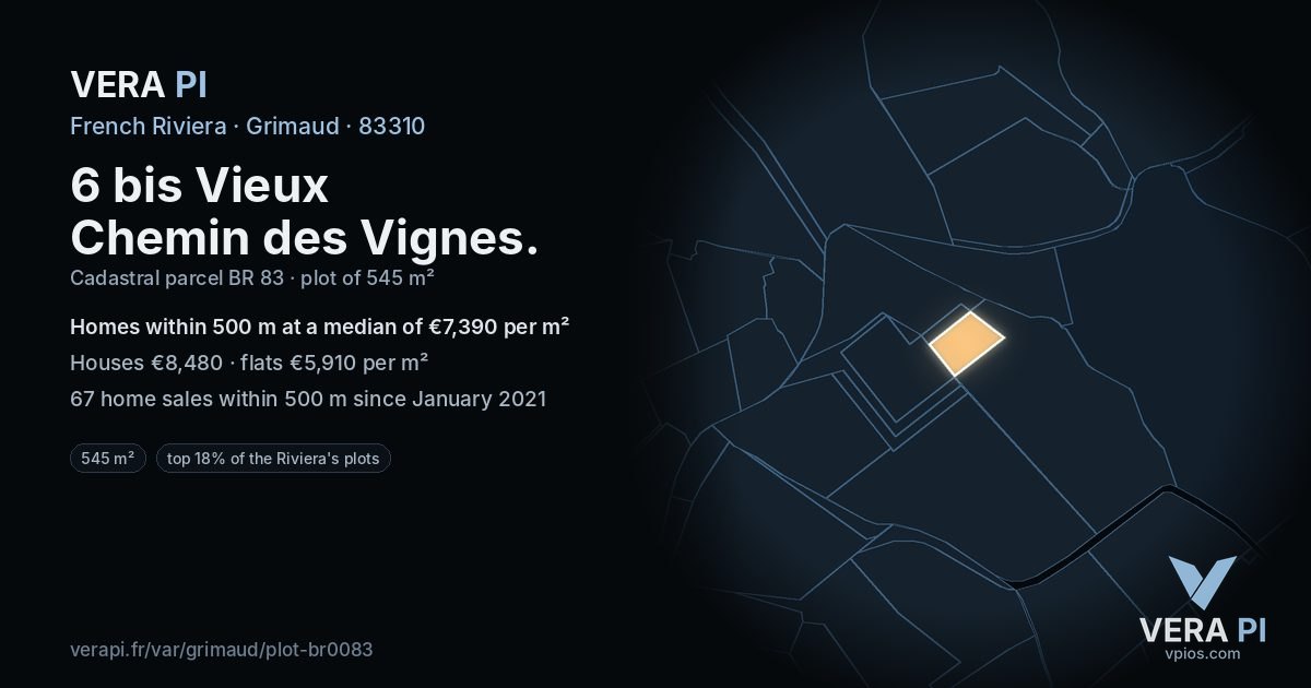 6 bis Vieux Chemin des Vignes, Grimaud at night – the plot lit, the parcels around coloured by the prices near them