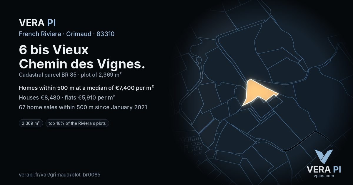 6 bis Vieux Chemin des Vignes, Grimaud at night – the plot lit, the parcels around coloured by the prices near them