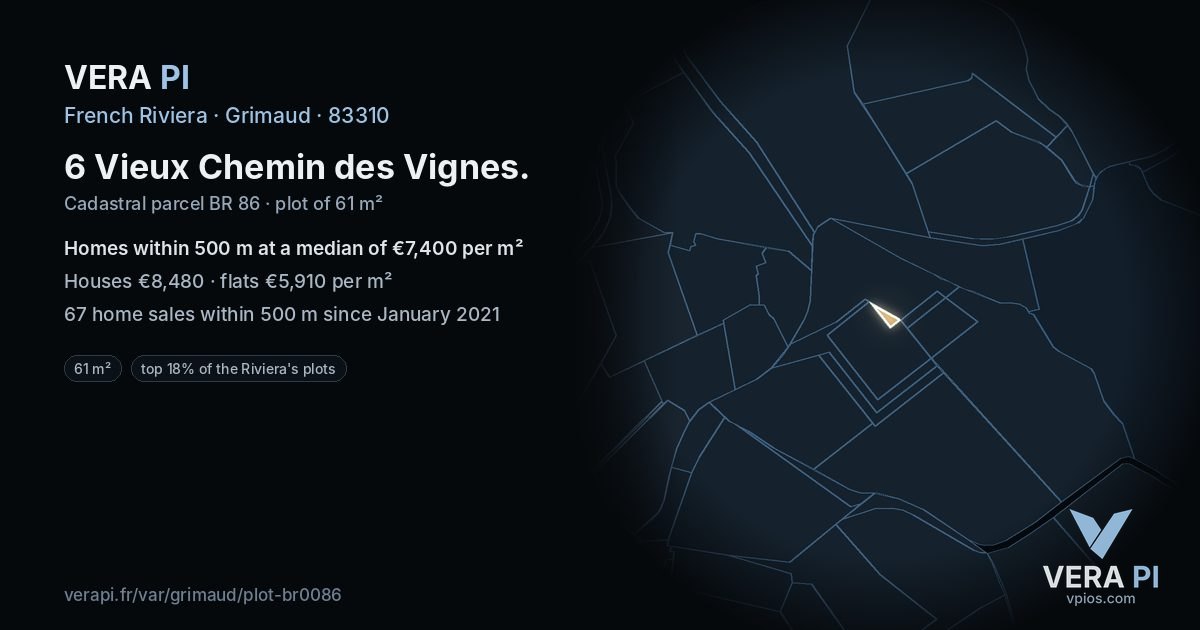 6 Vieux Chemin des Vignes, Grimaud at night – the plot lit, the parcels around coloured by the prices near them