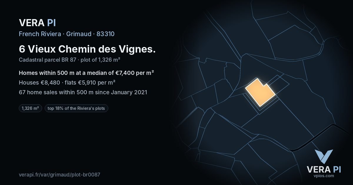 6 Vieux Chemin des Vignes, Grimaud at night – the plot lit, the parcels around coloured by the prices near them