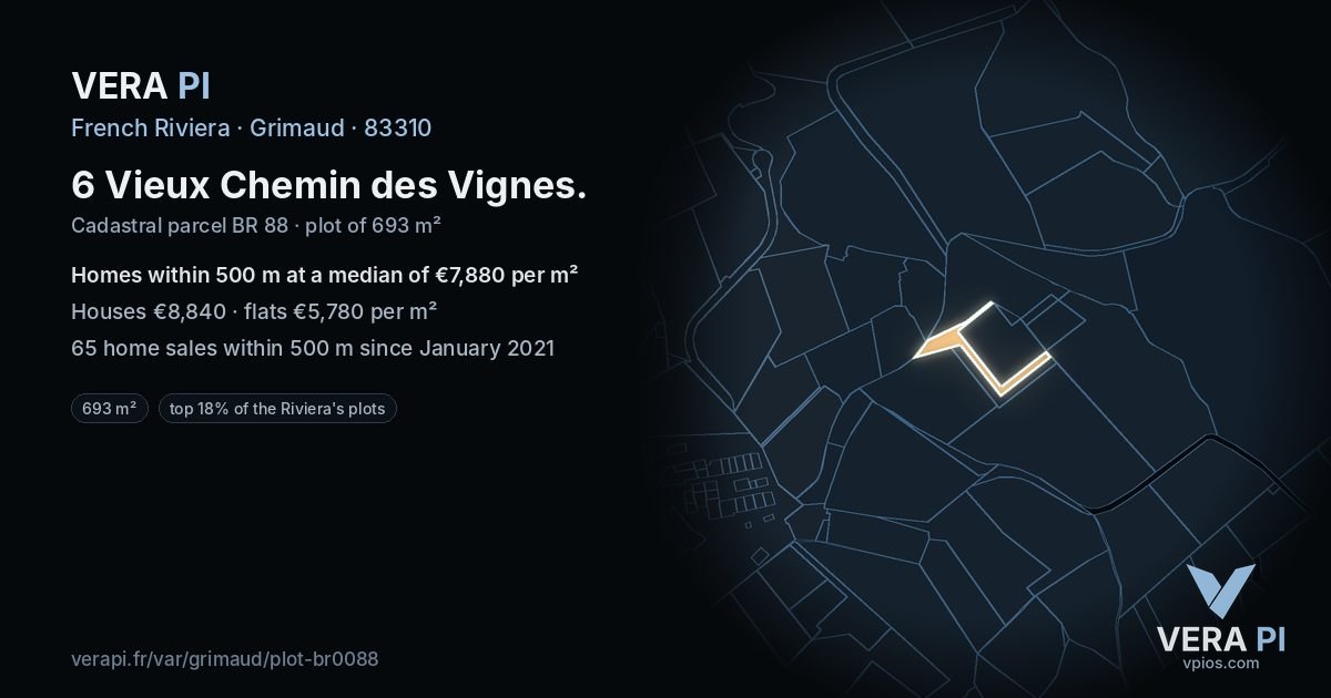 6 Vieux Chemin des Vignes, Grimaud at night – the plot lit, the parcels around coloured by the prices near them