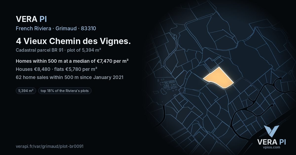 4 Vieux Chemin des Vignes, Grimaud at night – the plot lit, the parcels around coloured by the prices near them