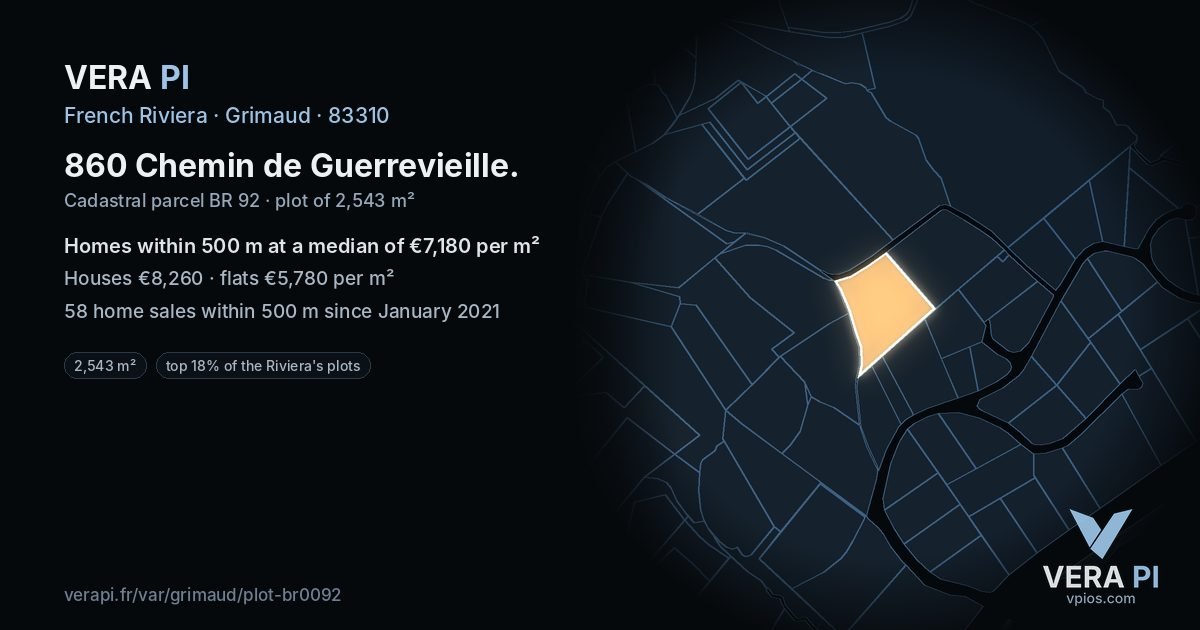 860 Chemin de Guerrevieille, Grimaud at night – the plot lit, the parcels around coloured by the prices near them