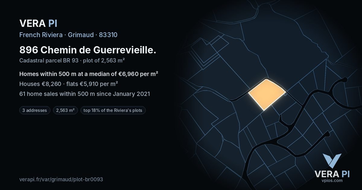 896 Chemin de Guerrevieille, Grimaud at night – the plot lit, the parcels around coloured by the prices near them
