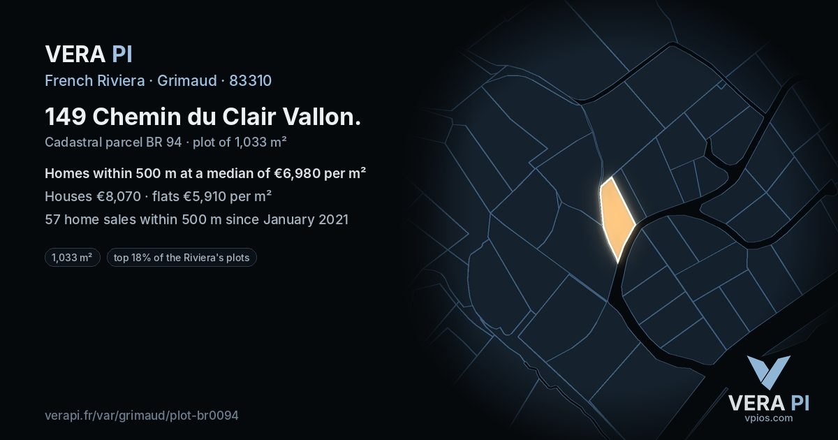 149 Chemin du Clair Vallon, Grimaud at night – the plot lit, the parcels around coloured by the prices near them