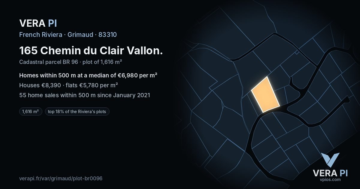 165 Chemin du Clair Vallon, Grimaud at night – the plot lit, the parcels around coloured by the prices near them