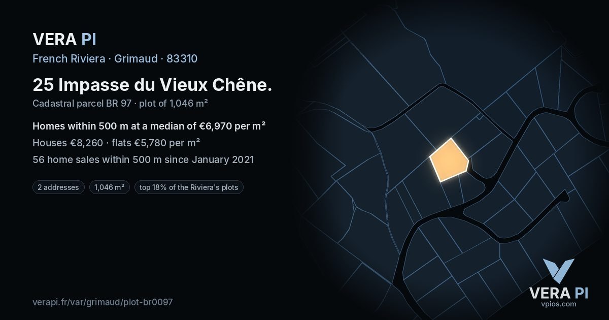 25 Impasse du Vieux Chêne, Grimaud at night – the plot lit, the parcels around coloured by the prices near them