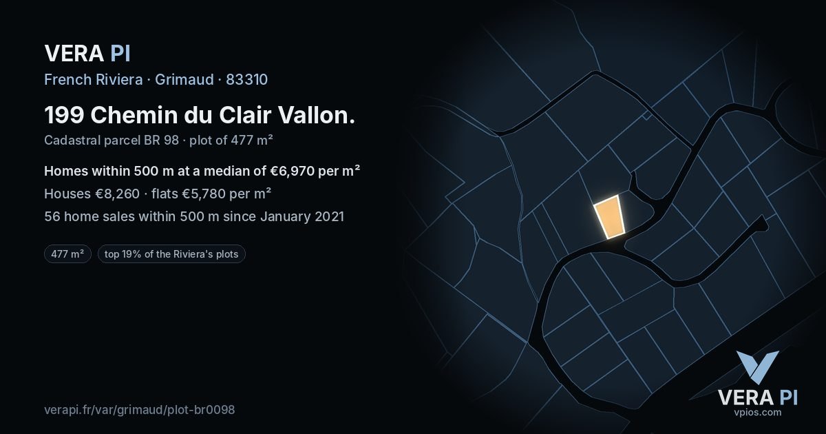199 Chemin du Clair Vallon, Grimaud at night – the plot lit, the parcels around coloured by the prices near them