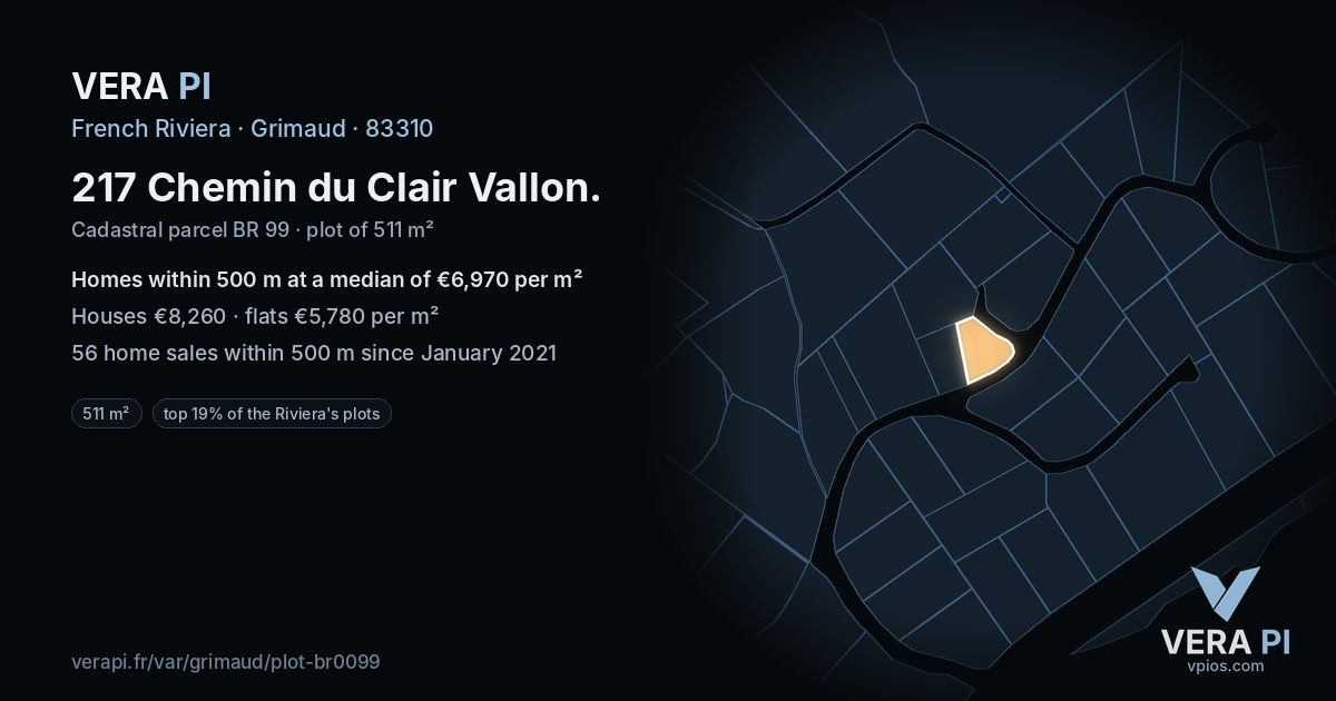 217 Chemin du Clair Vallon, Grimaud at night – the plot lit, the parcels around coloured by the prices near them