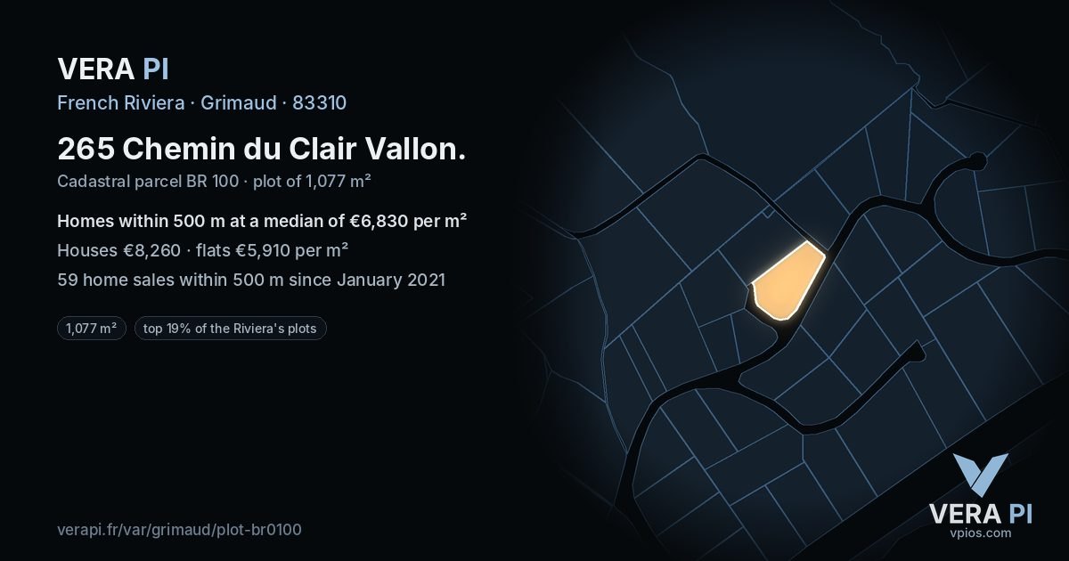 265 Chemin du Clair Vallon, Grimaud at night – the plot lit, the parcels around coloured by the prices near them