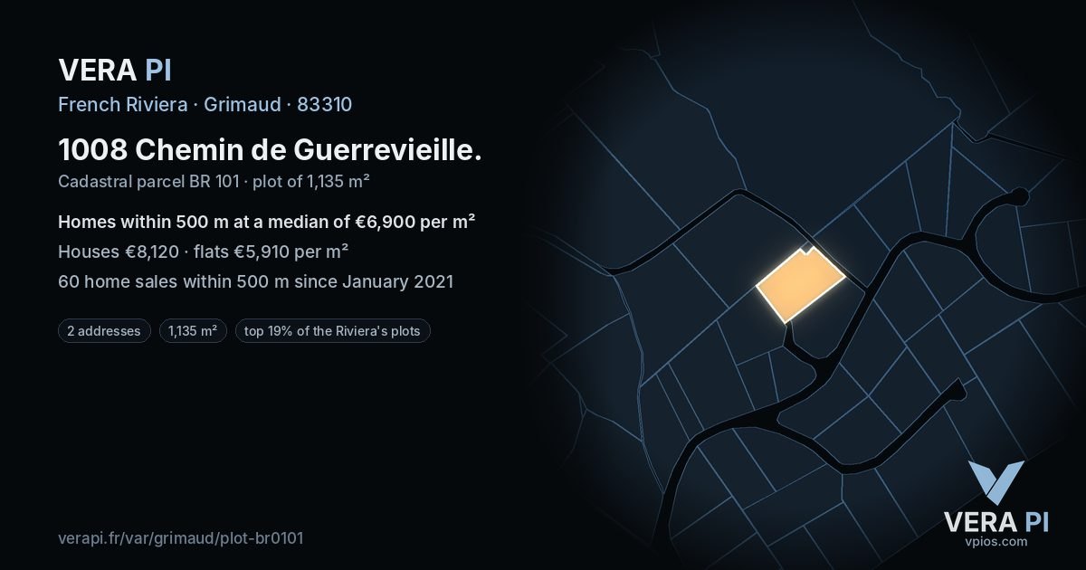 1008 Chemin de Guerrevieille, Grimaud at night – the plot lit, the parcels around coloured by the prices near them
