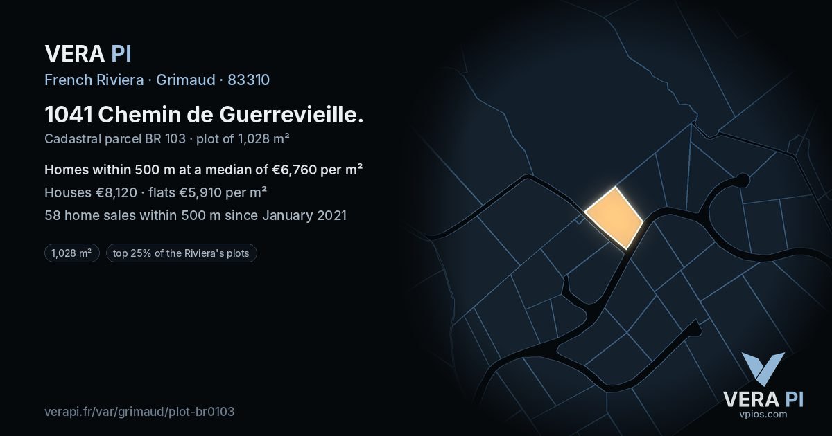 1041 Chemin de Guerrevieille, Grimaud at night – the plot lit, the parcels around coloured by the prices near them