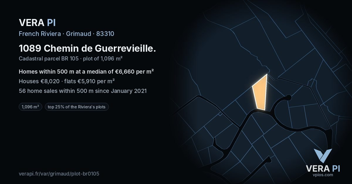 1089 Chemin de Guerrevieille, Grimaud at night – the plot lit, the parcels around coloured by the prices near them