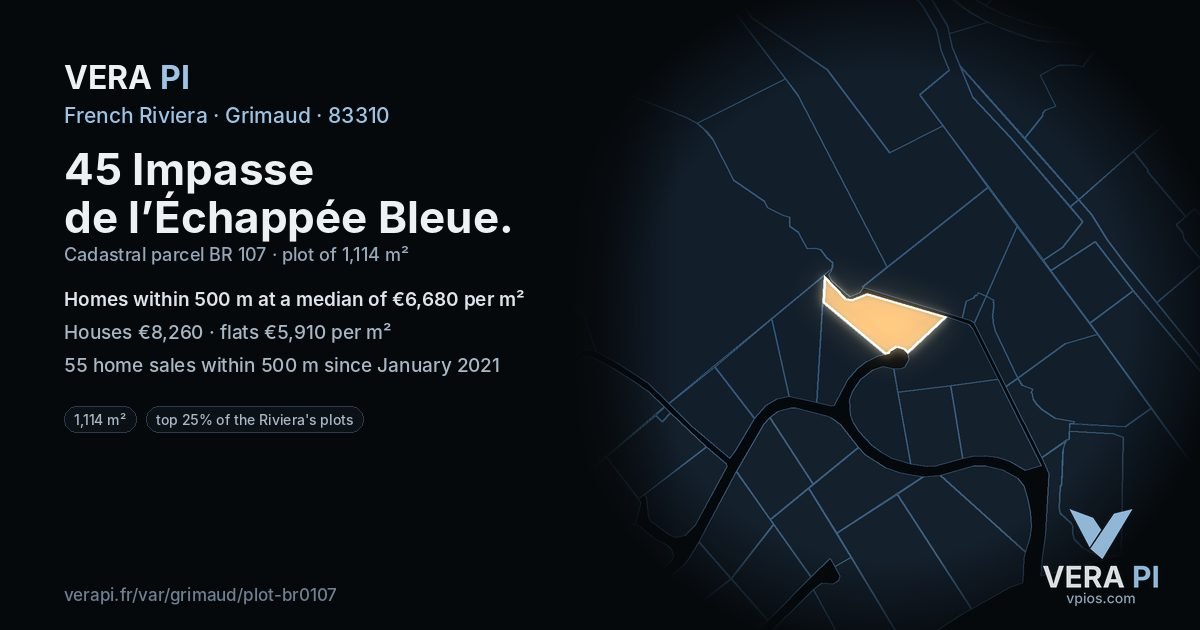 45 Impasse de l’Échappée Bleue, Grimaud at night – the plot lit, the parcels around coloured by the prices near them