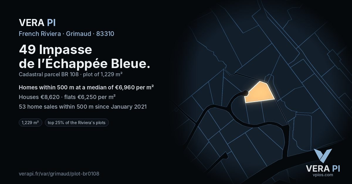 49 Impasse de l’Échappée Bleue, Grimaud at night – the plot lit, the parcels around coloured by the prices near them