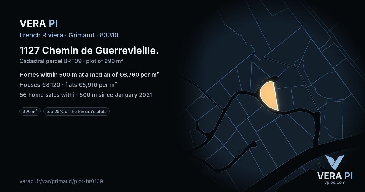 1127 Chemin de Guerrevieille, Grimaud at night – the plot lit, the parcels around coloured by the prices near them