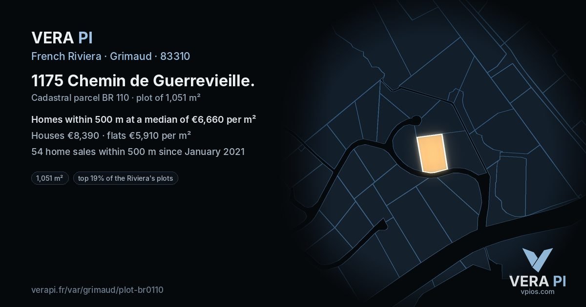 1175 Chemin de Guerrevieille, Grimaud at night – the plot lit, the parcels around coloured by the prices near them