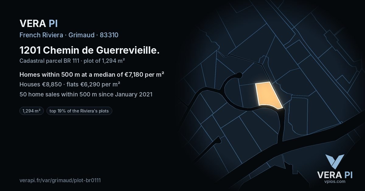 1201 Chemin de Guerrevieille, Grimaud at night – the plot lit, the parcels around coloured by the prices near them