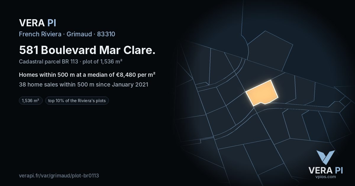 581 Boulevard Mar Clare, Grimaud at night – the plot lit, the parcels around coloured by the prices near them