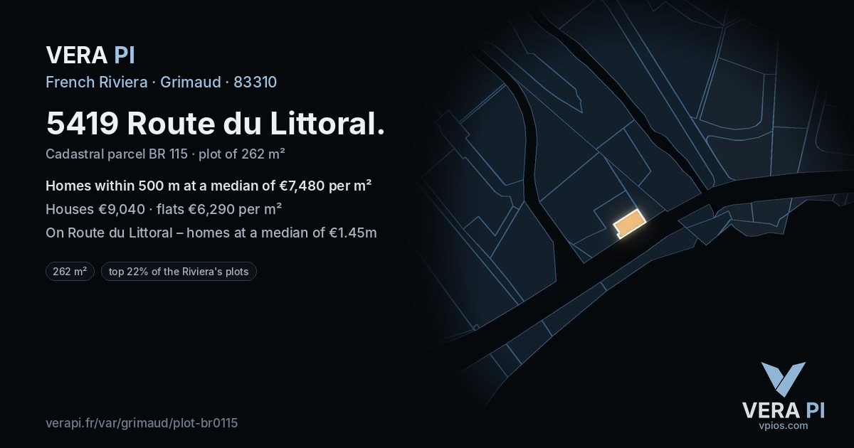 5419 Route du Littoral, Grimaud at night – the plot lit, the parcels around coloured by the prices near them