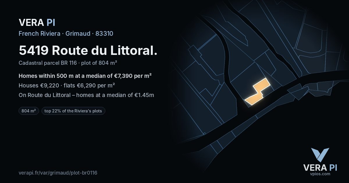 5419 Route du Littoral, Grimaud at night – the plot lit, the parcels around coloured by the prices near them